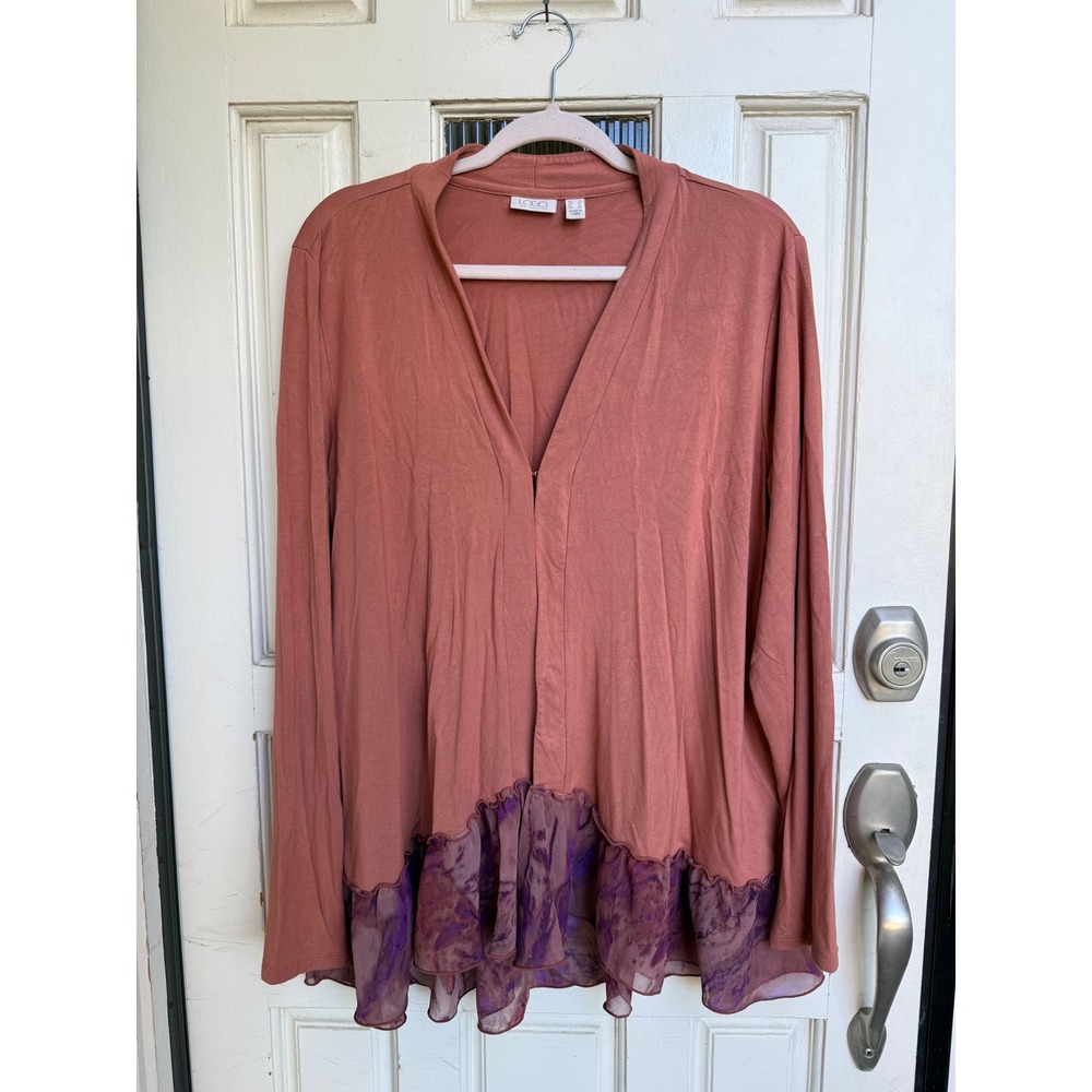 LOGO Lori Goldstein Terracotta Ruffle Mesh Hem Cardigan Top Womens Size Large